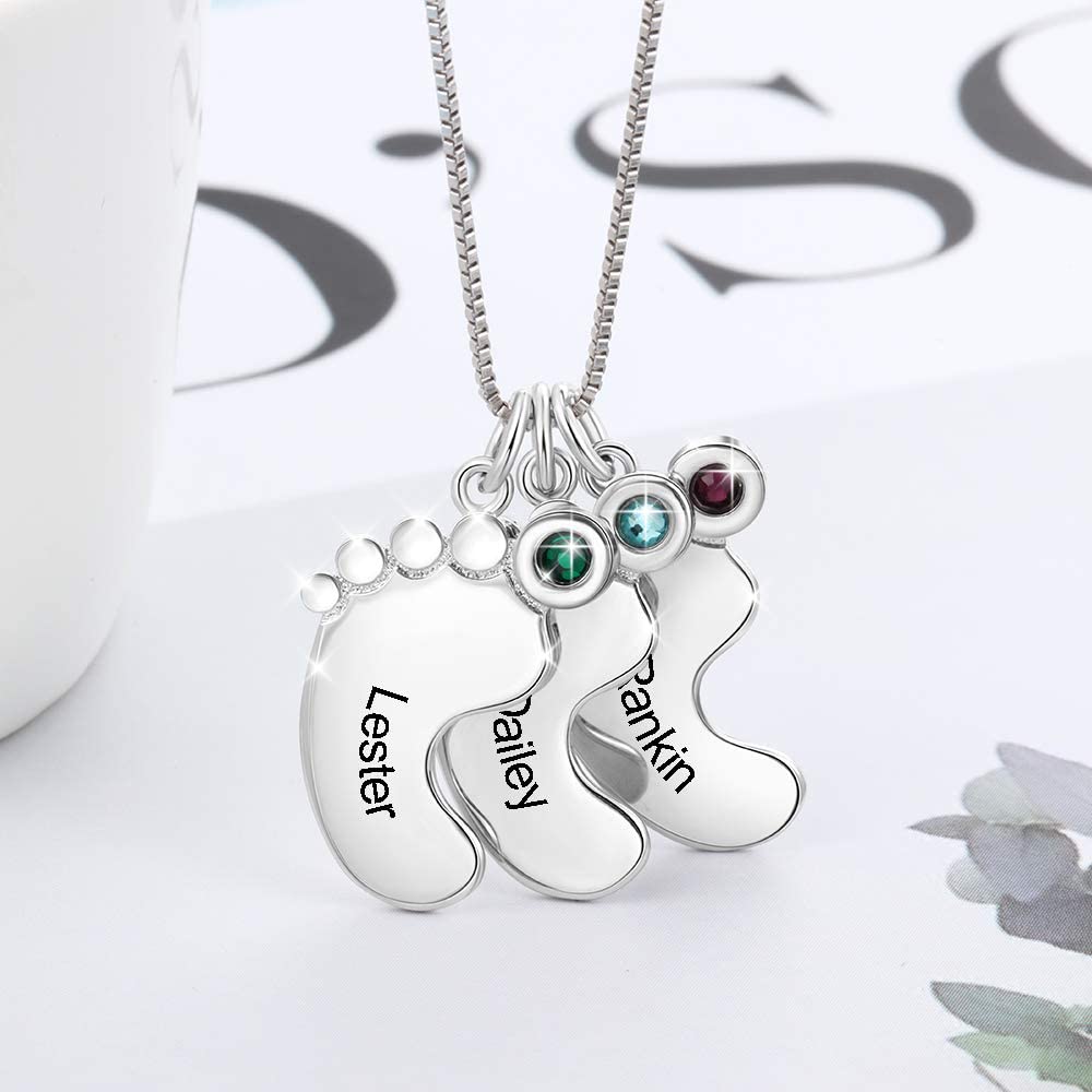 💕Engraved Baby Feet  Necklace with Birthstones for Mom Grandma