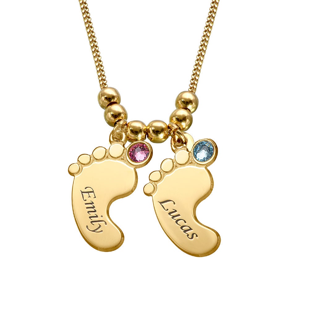 💕Engraved Baby Feet  Necklace with Birthstones for Mom Grandma