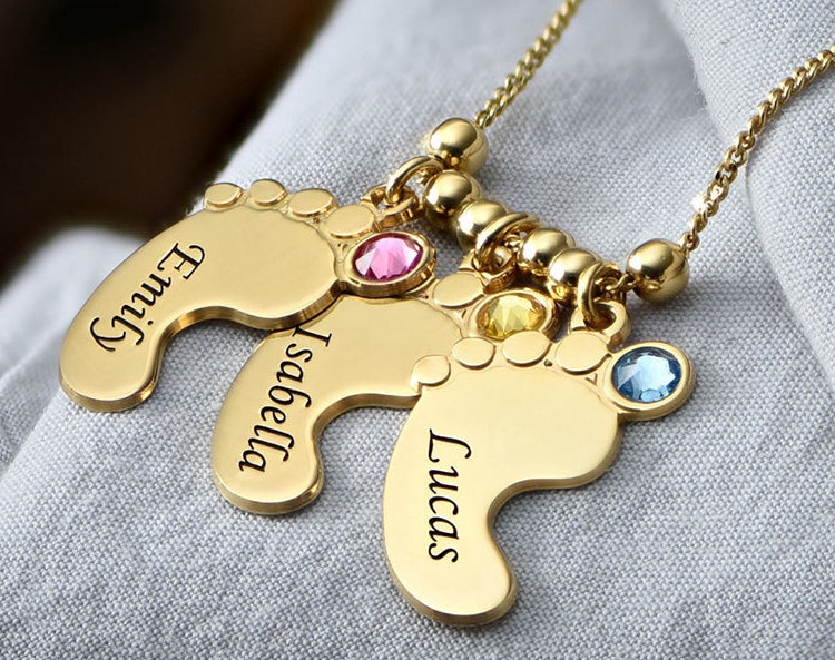 💕Engraved Baby Feet  Necklace with Birthstones for Mom Grandma