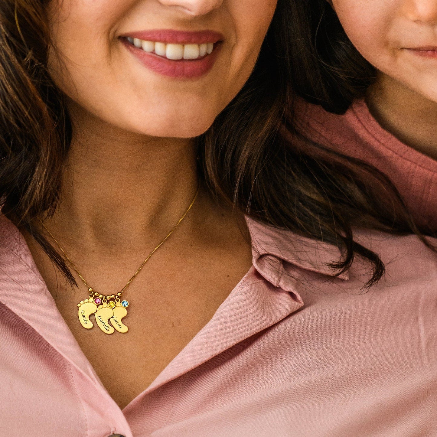 💕Engraved Baby Feet  Necklace with Birthstones for Mom Grandma