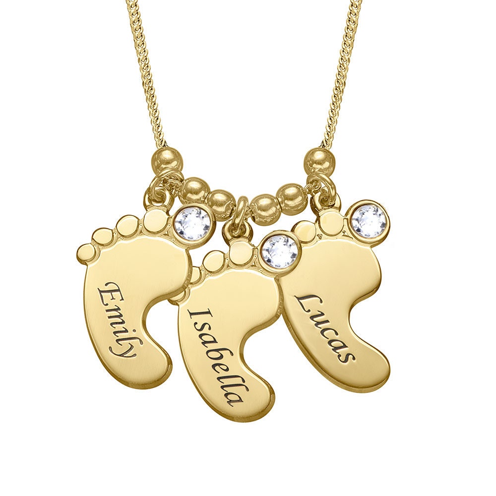 💕Engraved Baby Feet  Necklace with Birthstones for Mom Grandma